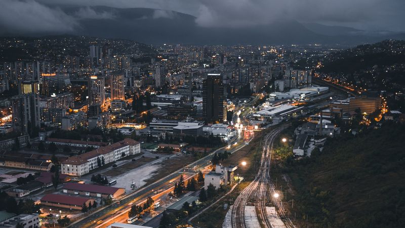 night city, top view, buildings, railway, 4k