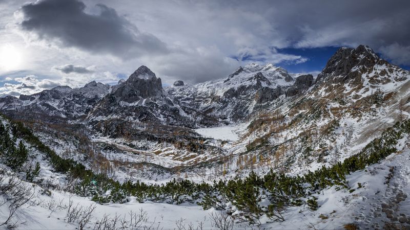 mountains, peaks, snow-covered, 4k