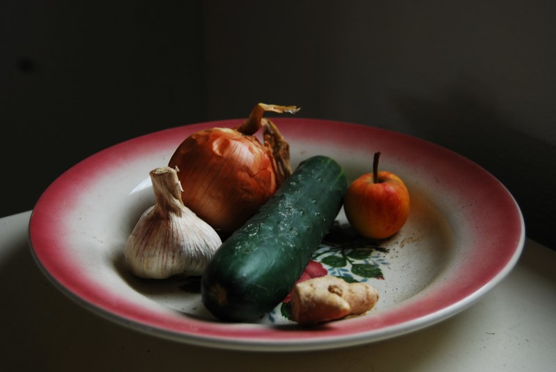 plate of vegetables with garlic cucumber and ginger, still life at casal moinho 2 4k