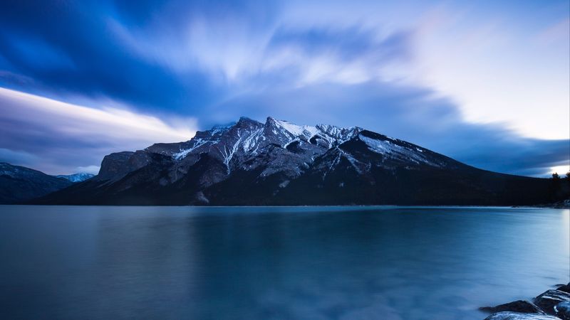 minnewanka, lake, canada, mountains, 4k