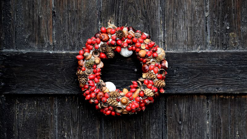wreath, christmas, dogrose, acorns, cones, 4k
