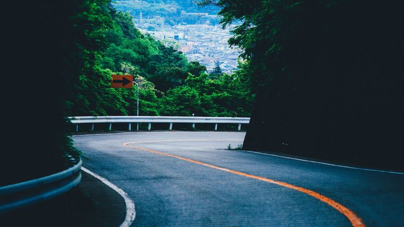 turn, road, mountains, trees, marking, 4k