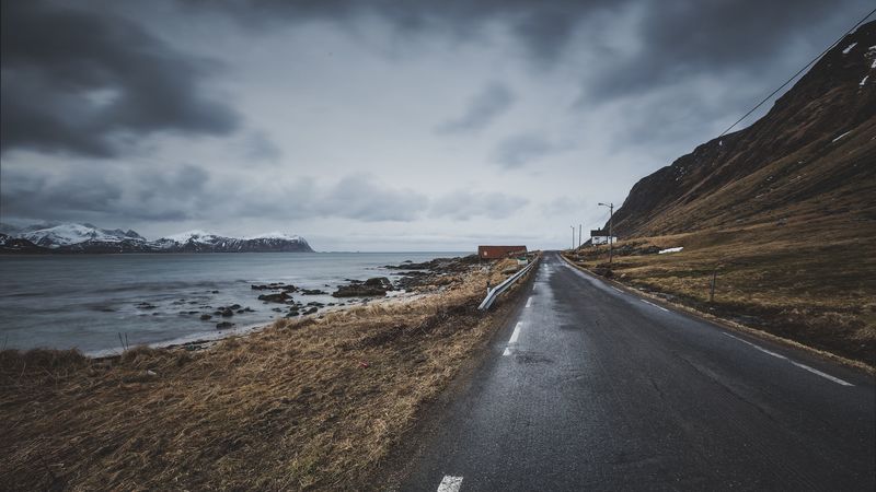 road, mountain, overcast, clouds, 4k