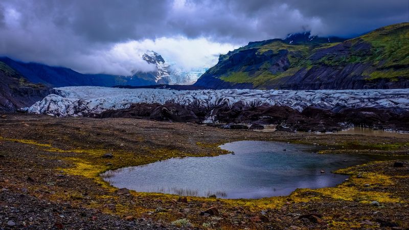 mountains, lake, clouds, snow, 4k