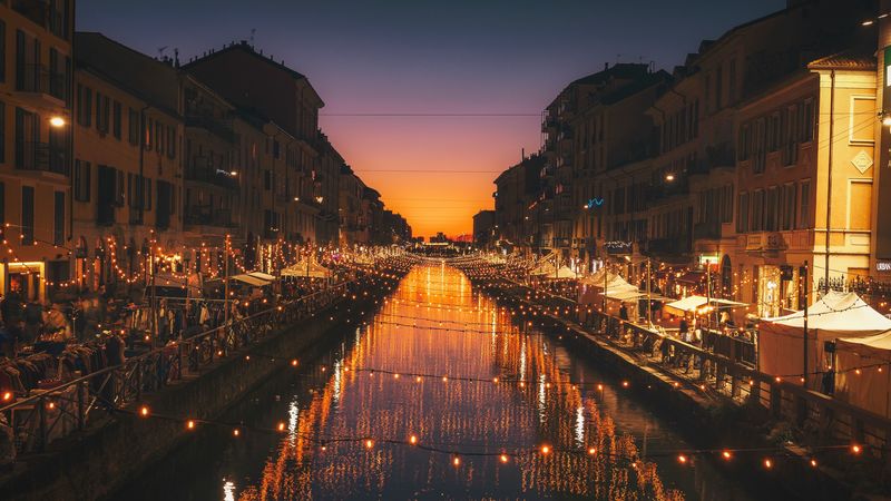 milan, italy, river, evening, city, 4k