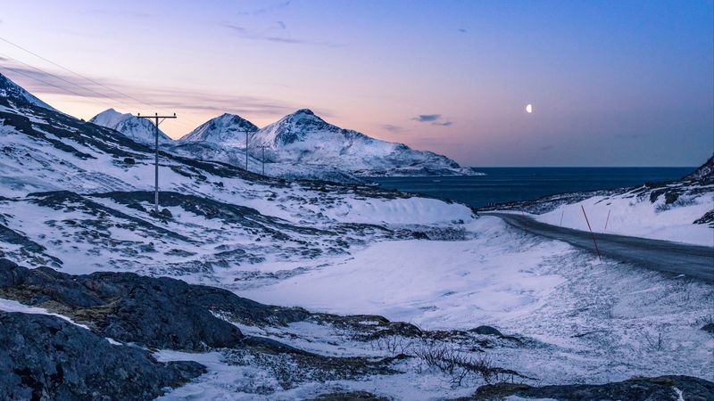 mountains, winter, snow, sea, 4k