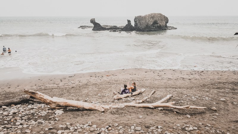 people hanging out on a beach sitting on driftwood and swimming in the ocean, driftwood beach 4k