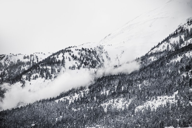 black and white view of mountain ridges in ried brig, wooded slopes in black and white 4k