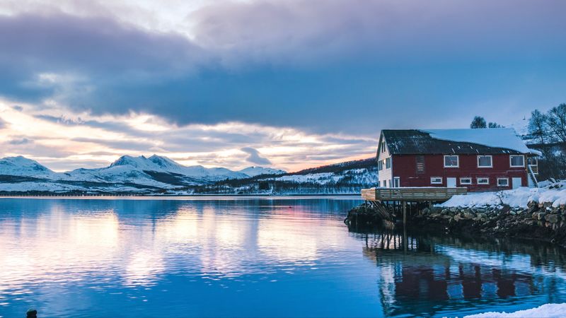 winter, lake, mountains, shore, 4k