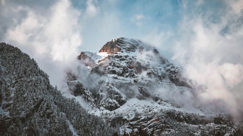 mountains, summit, fog, clouds, 4k