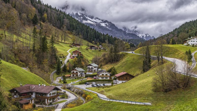 mountains, buildings, idyll, rest, 4k