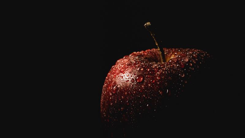 apple, drops, black background, 4k