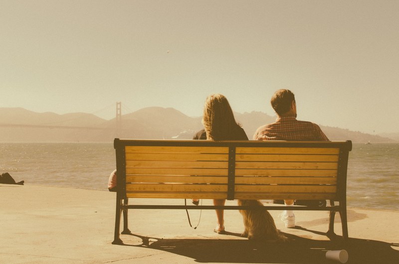 a couple sitting on a bench in san francisco while their dog sits next to them, san francisco bench 4k