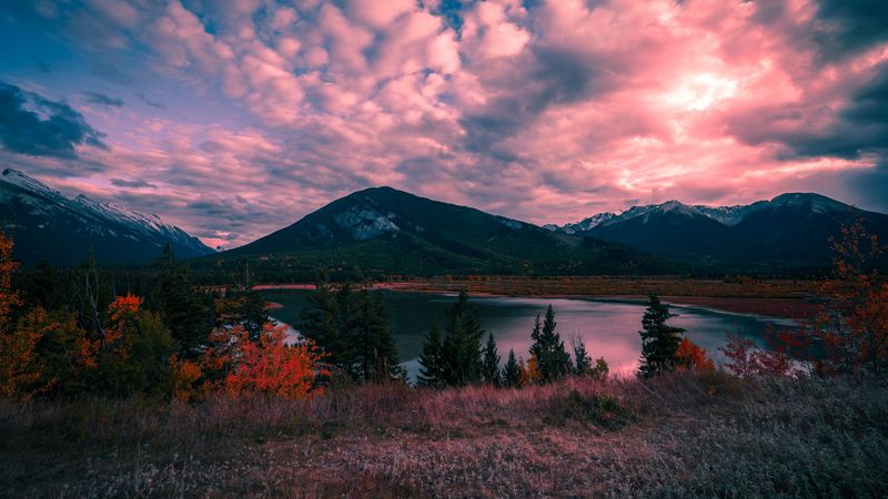 mountains, lake, sunset, 4k