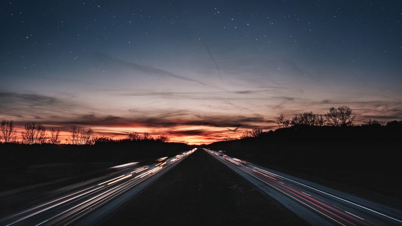road, night, line, light, starry sky, 4k