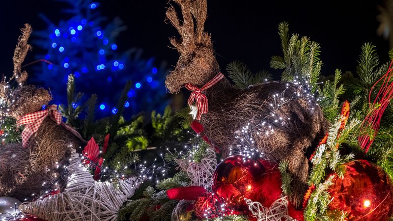 deer, christmas toys, balls, christmas, new year, 4k