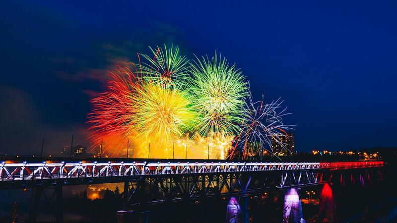 fireworks, bridge, holiday, colorful, 4k