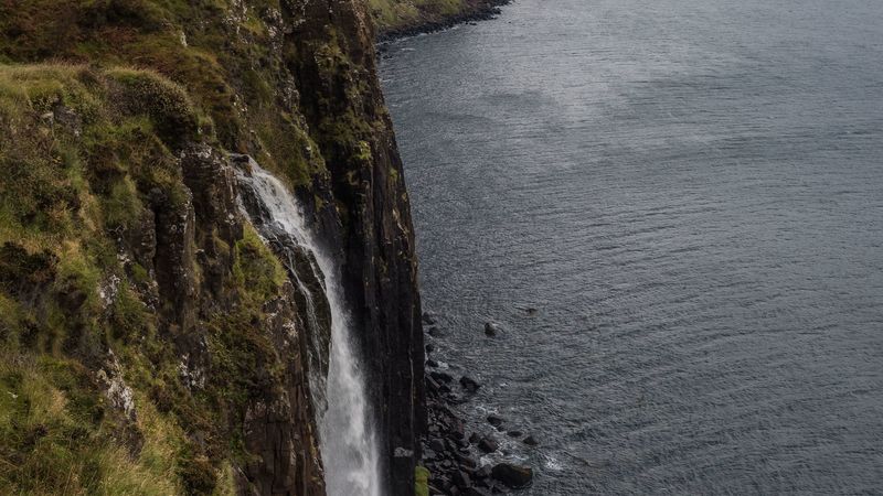 rock, waterfall, grass, sea, 4k