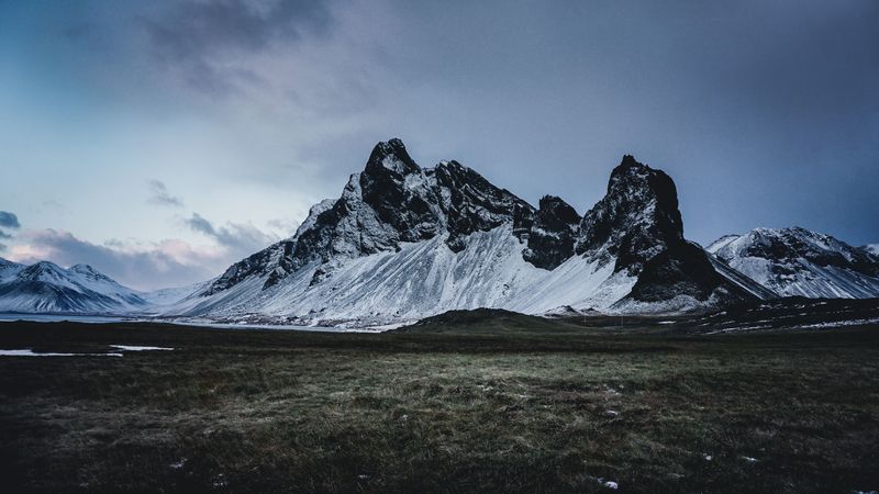 mountains, grass, snow, evening, 4k