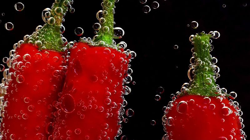 pepper, bubbles, paprika, drops, close-up, 4k