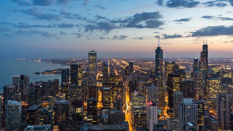 chicago, usa, skyscrapers, night, view from above, 4k