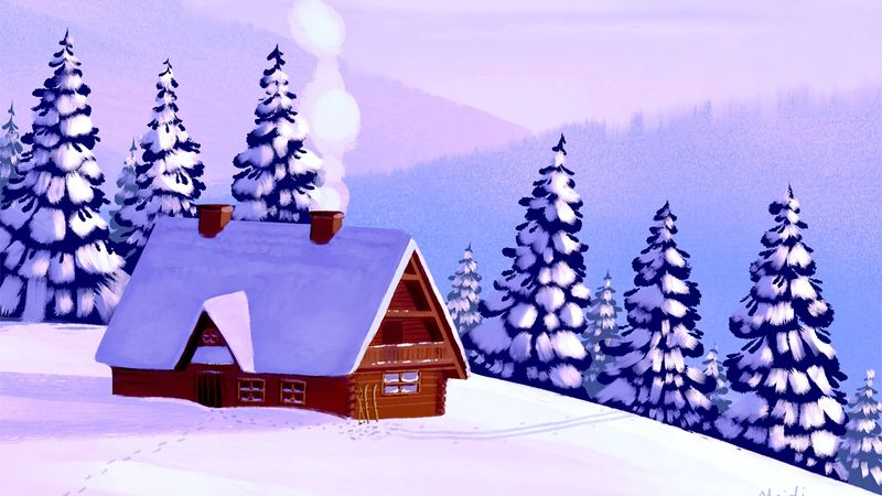 hut, forest, snow, art, 4k