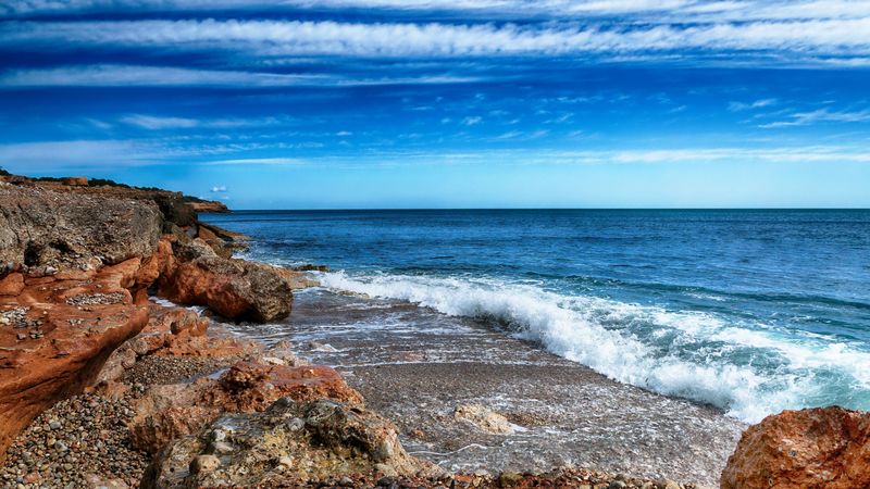 stones, rocks, coast, waves, 4k