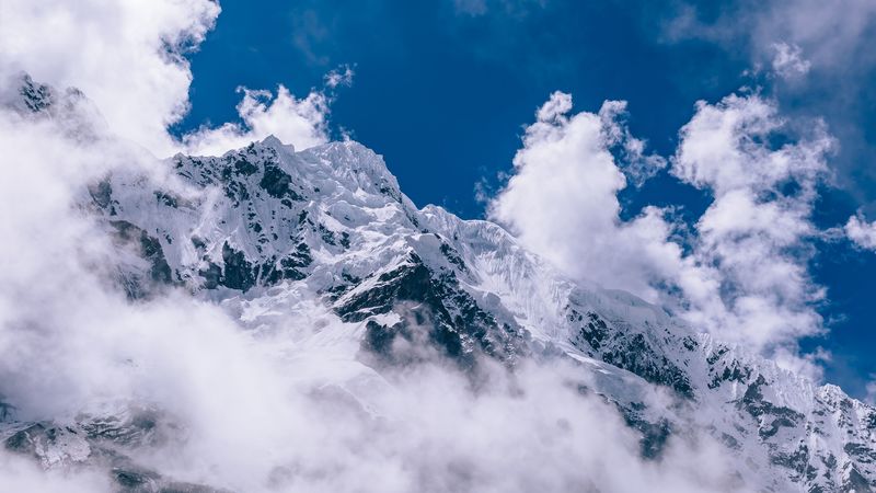 mountains, peaks, clouds, snow, sky, 4k