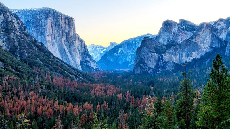 mountains, trees, distance, sky, 4k