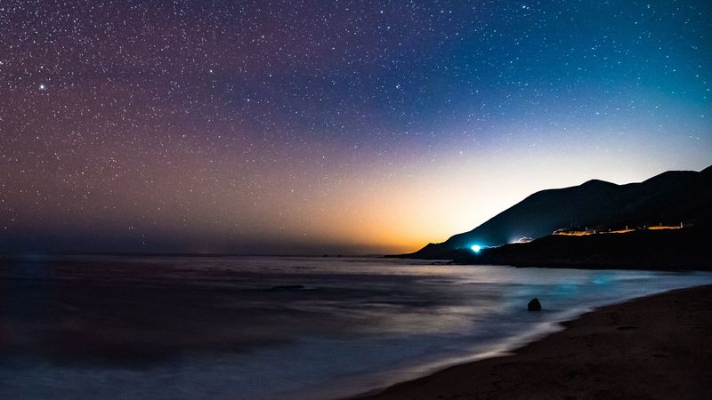 starry sky, mountains, night, sea, stars, shore, 4k