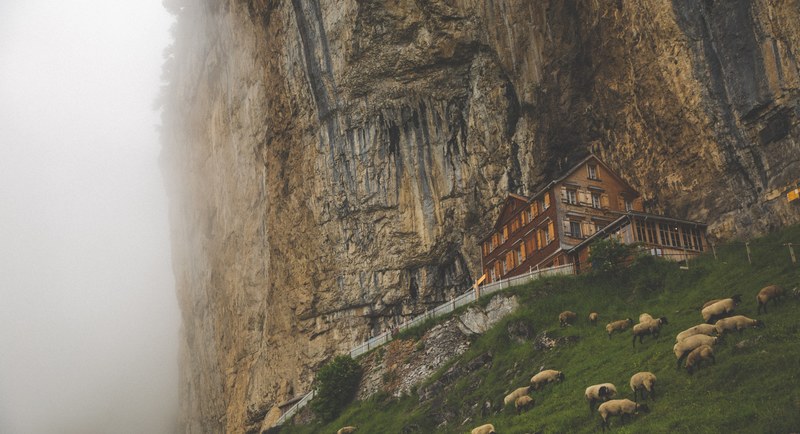 rustic cabin in the mountainsides of berggasthaus aescher wildkirchli, rustic getaways 4k