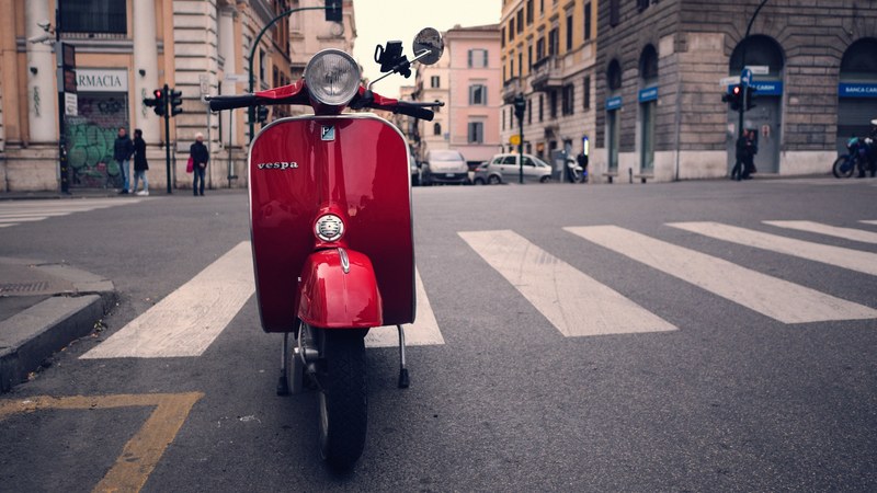 red vespa scooter parked on a city street in rome, red vespa 4k