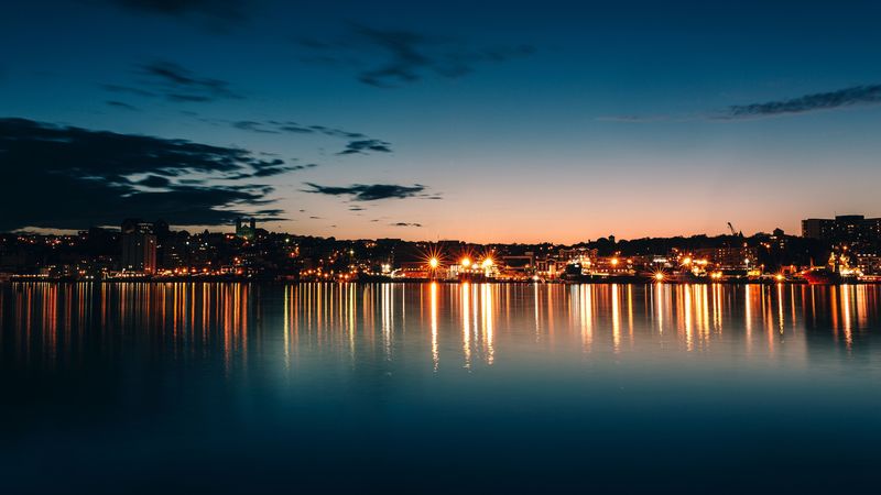 canada, night city, horizon, sky, sea, 4k