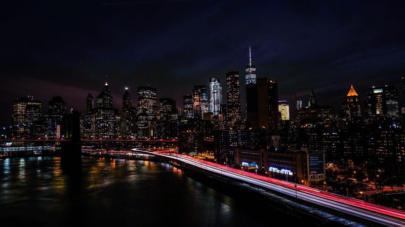 new york, usa, night city, shore, skyscrapers, 4k