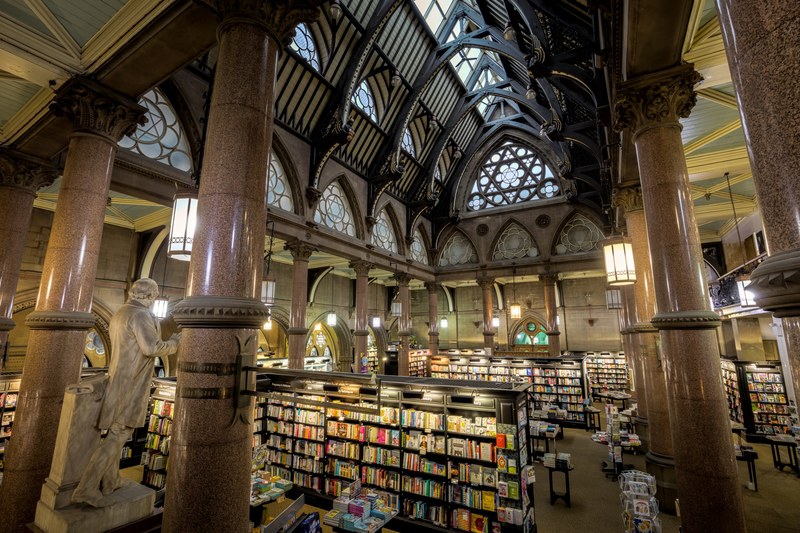 the interior of a large bookstore in a neoclassical building, neoclassical bookstore 4k