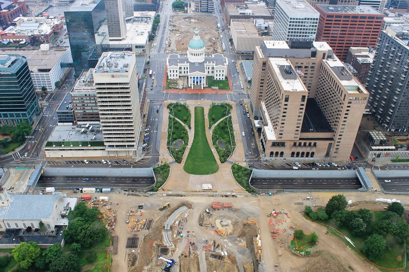 the view from above a construction site in st louis with surrounding buildings and city hall, _city in progress 4k