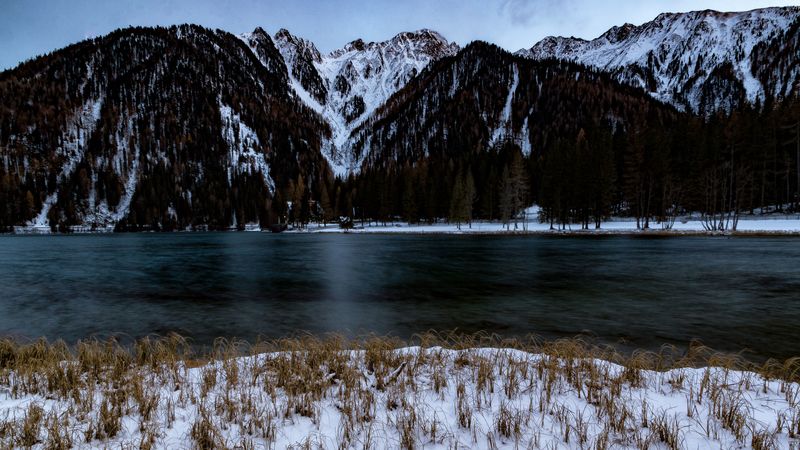 mountains, snow, shore, winter, 4k