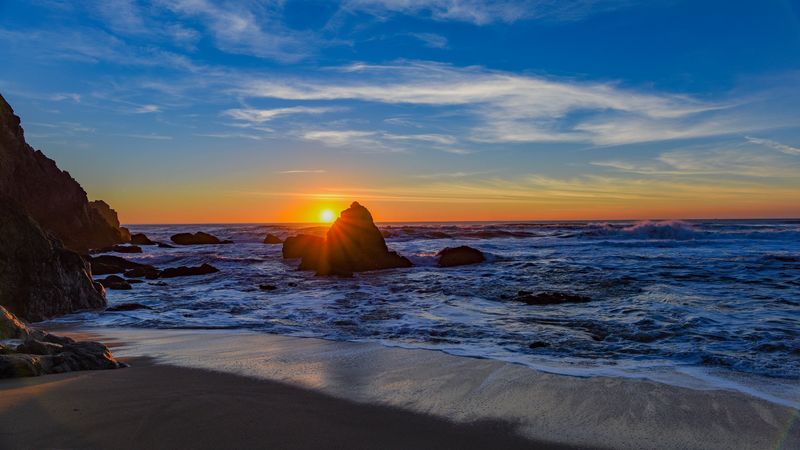 sea, shore, rocks, surf, sunset, 4k