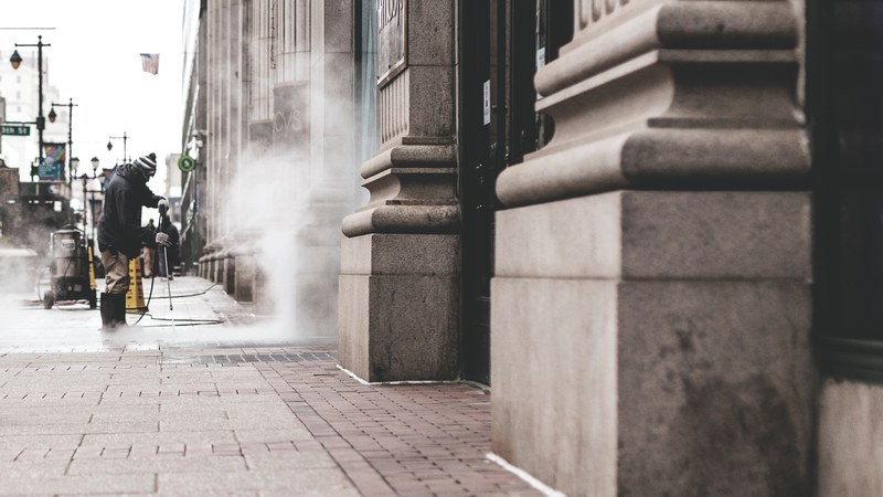working cleaning worker and street 4k