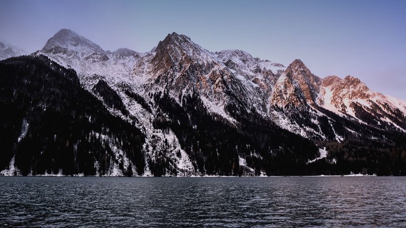 mountains, peaks, snow, river, water, 4k