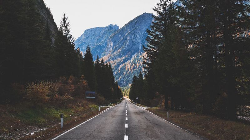 road, marking, mountains, trees, 4k