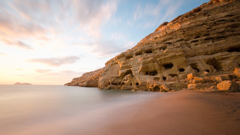 sunset beach crete and cave 4k