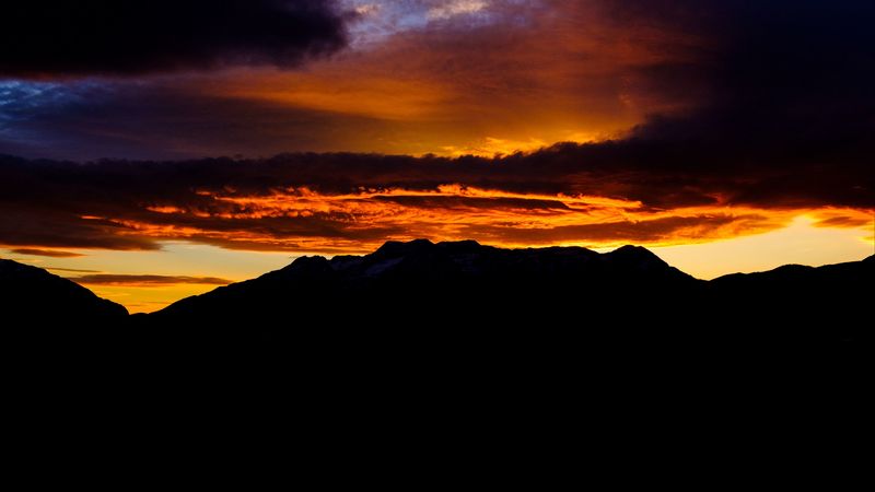 mountains, sky, sunset, clouds, dark, 4k