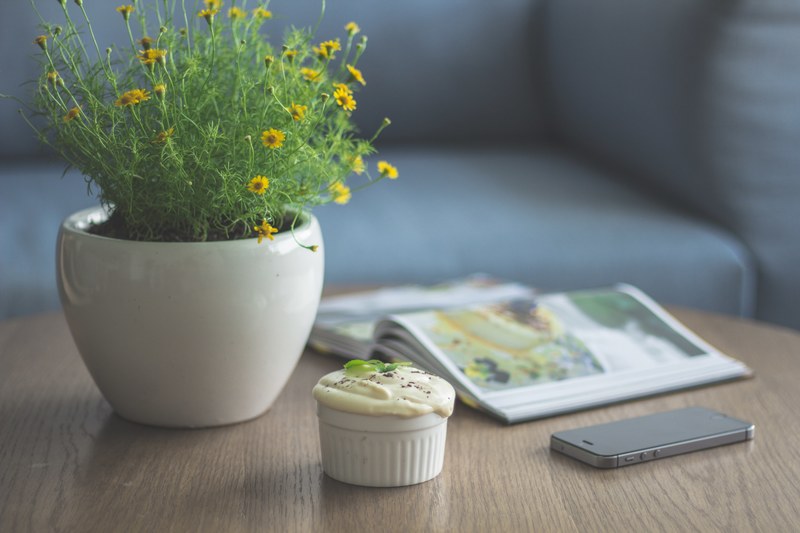 a flower plant cupcake iphone and book lay on a table in ho chi minh, sweet treat after work 4k