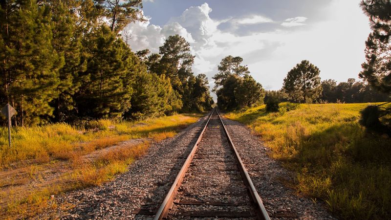 railway, grass, sky, summer, 4k