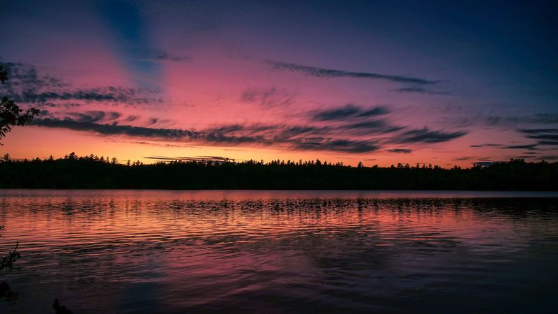 sunset, lake, skyline, sky, clouds, 4k