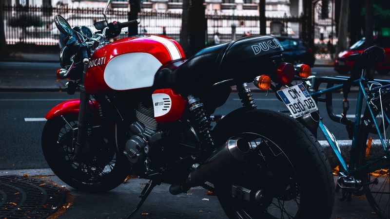 motorcycle, side view, red, street, 4k