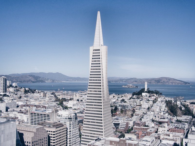 the transamerica pyramid in san francisco with a view on the bay, urban pyramid and the bay 4k