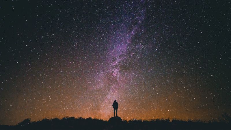 man, starry sky, night, 4k