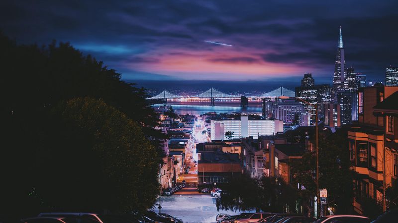 san francisco, usa, buildings, sky, bridge, night, 4k